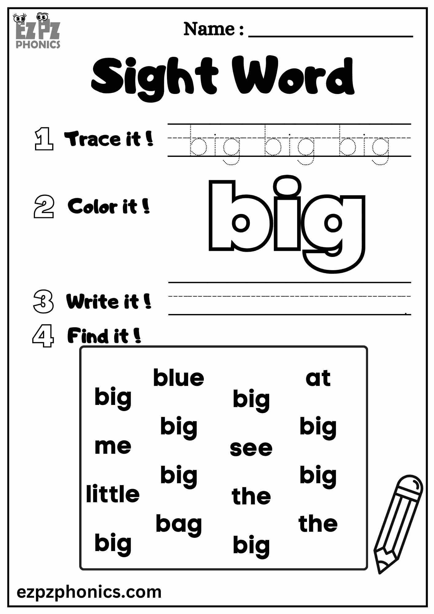 The Big Sight Word Worksheet for Pre-Kindergarten Students Dolch Sight Words Free PDF Download